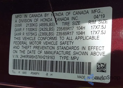 2019 Honda Cr-V Lx z USA, uszkodzony, nr VIN 2HKRW6H37KH219163